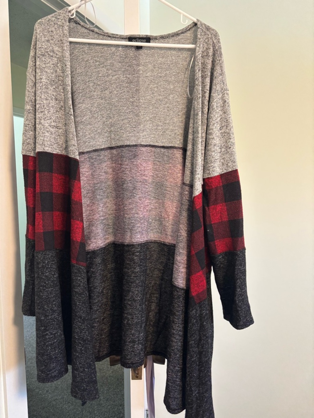 Eclipse Gray & Red Buffalo Plaid Open Cardigan